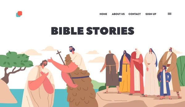 Bijbelverhalen Landing Page Template Johannes Doper Doopt Jezus Jordanië Rivier — Stockvector