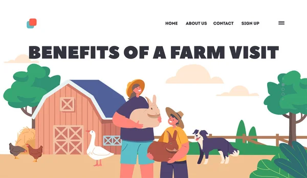 Benefits Farm Visit Landing Page Template Kids Farmer Characters Tending — Stock Vector