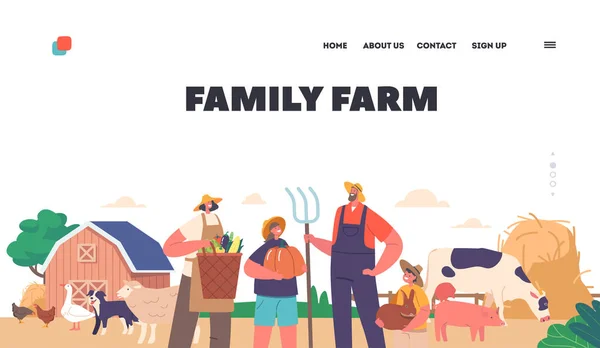 ファミリーファームランディングページテンプレート 農家は土地で働き 作物と家畜を育てる 農業景観における親子の世代 漫画人ベクトルイラスト — ストックベクタ
