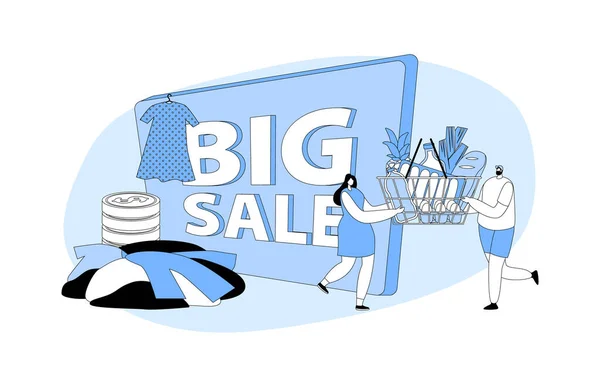 Big Sale Concept Tiny Characters Shopping Seasonal Discount Cheerful Shopaholic — Stock Vector