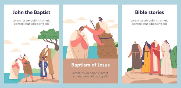 Cartoon Banners John Baptist Baptizing Jesus Christ Jordan River Scene — Stock Vector