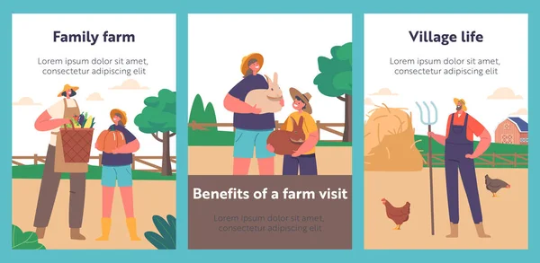 家族の農家と漫画のバナーは 土地で働く 作物や家畜を育てる 親子の世代農業景観の村の生活を行う文字 ベクターポスター — ストックベクタ
