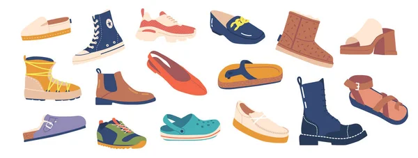 Σύνολο Διαφόρων Υποδημάτων Απομονωμένες Εικόνες Running Shoes Dress Shoes Sandals — Διανυσματικό Αρχείο