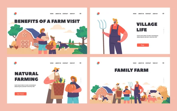 Family Farm Landing Page Template Set Inglês Agricultores Trabalham Terra —  Vetores de Stock