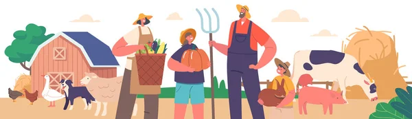 家族の農民は土地で働き 彼らの生活のために作物や家畜を育てる 農業景観における親子の世代 漫画人ベクトルイラスト — ストックベクタ