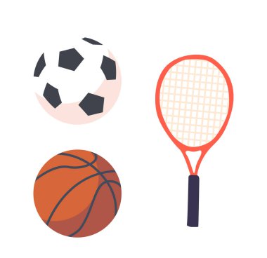 Futbol ya da Basketbol Topları ve Tenis Raketi Beyazların Arkasında İzole Edildi. Spor Malzemeleri ve Eşyalar, Spor Ürünleri ve Faaliyetleri İçin Tasarım Elementleri veya Simgeler. Çizgi film Vektör İllüstrasyonu