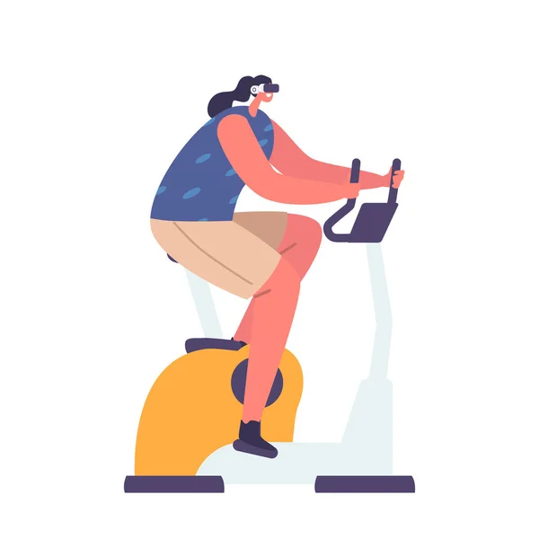 Personaje Femenino Gafas Realidad Virtual Ciclismo Bicicleta Ejercicio Aislado Sobre — Vector de stock