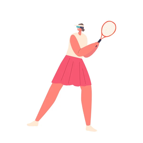 デジタル裁判所で仮想現実テニスをプレイ女性キャラクター 白地に隔離されたボールを打つためにスイングラケット Vr技術の没入型体験 漫画人ベクトルイラスト — ストックベクタ