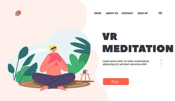 Шаблон Meditation Landing Page Женский Персонаж Погружённый Виртуальную Реальность Занимается — стоковый вектор