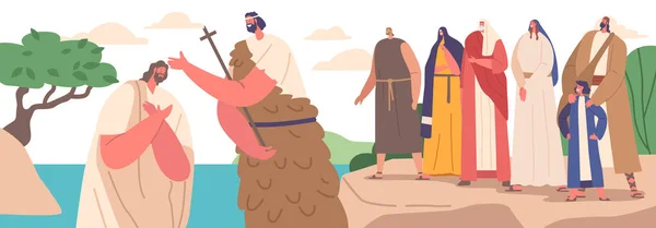 ヨルダン川での洗礼ヨハネ聖書のシーンは キリスト教の宗教的象徴的行為と歴史的人物と聖霊を表しています 漫画人ベクトルイラスト — ストックベクタ
