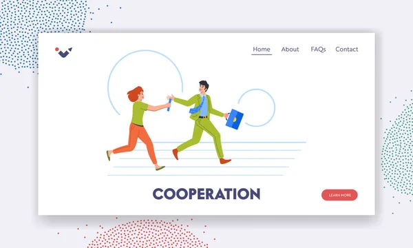 Cooperation Landing Page Template Business Characters Running Relay Passing Baton — Stock Vector