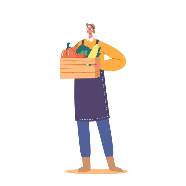 白い背景に隔離された木箱に新鮮な緑と野菜の作物で立っている農家の男性キャラクター 農業や農村生活の概念 漫画人ベクトルイラスト — ストックベクタ