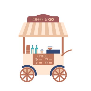 Retro Style 'da tekerlekli kahve standı, önlüklü, kompakt, açık hava etkinlikleri ve festivaller için mobil tasarım. Giden müşterilere kahve servis etmenin moda ve uygun bir yolu. Çizgi film Vektör İllüstrasyonu