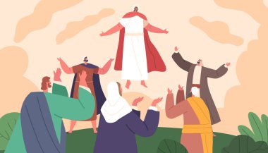 İsa Mesih 'in yükselişi, Havarileri merakla izlerken, kollarını uzatarak gökyüzüne yükseliyor. Ruhani an, Dini Olay, İncil Hikayesi. Çizgi film İnsanları Vektör İllüstrasyonu