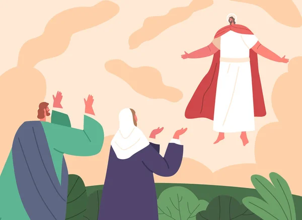 耶稣升天的场景 耶稣在门徒面前升天的时刻 基督教神学中的重大事件 宗教主题 卡通人物矢量图解 — 图库矢量图片