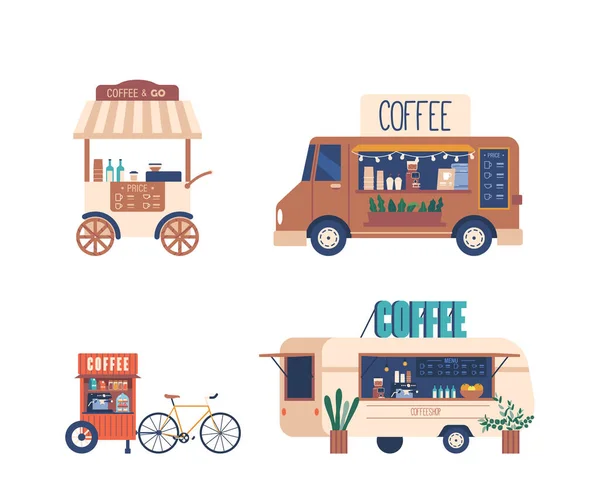Мобильная Кофейня Колесах Уличные Кафе Предлагающие Свежее Пиво Пирожные Клиентам — стоковый вектор