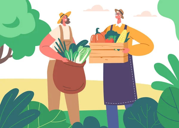 手に新鮮な緑と野菜の作物と緑豊かなフィールドに立っている農民の文字のカップル ハードワーク 農業や農村ライフスタイルのテーマの概念 漫画人ベクトルイラスト — ストックベクタ