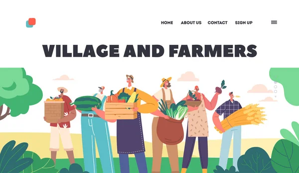 Köy Çiftçiler Niş Sayfası Şablonu Ekinli Çiftlik Sahipleri Grubu Taze — Stok Vektör