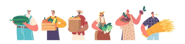 作物を持つ農民グループ 白の背景に隔離された新鮮な農産物と男性と女性の牧場主の文字 果物や野菜を持つ男性と女性 漫画人ベクトルイラスト — ストックベクタ