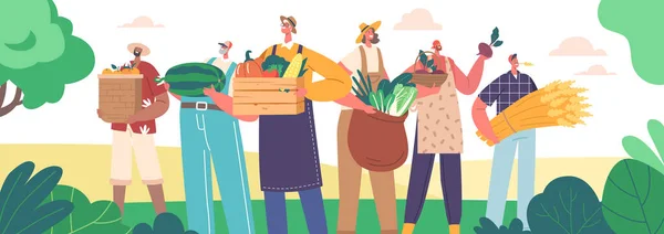 Groupe Agriculteurs Avec Cultures Caractères Infatigables Rancher Masculin Féminin Avec — Image vectorielle