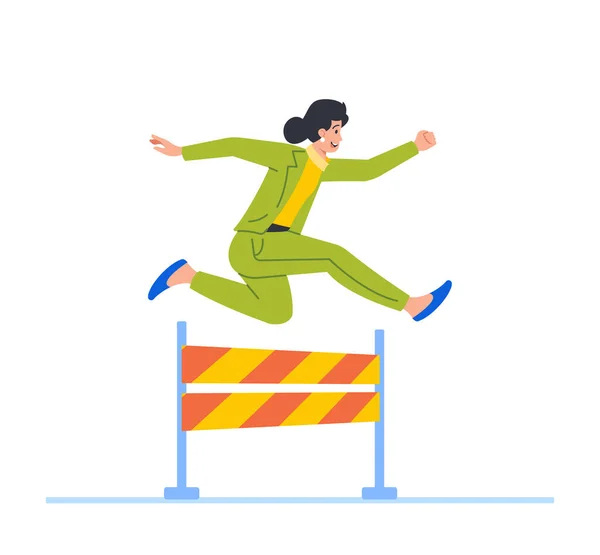 Business Woman Character Running Obstacle Race Jumping Barrier Successful Leader — Stock Vector