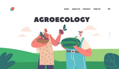 Agroecology İniş Sayfa Şablonu. Çiftçilerin karakterleri karpuz ve pancar ürünlerini gururla ellerinde tutarken cömert hasatlar sergiliyorlar. Tarım Taze Üretim. Çizgi film İnsanları Vektör İllüstrasyonu