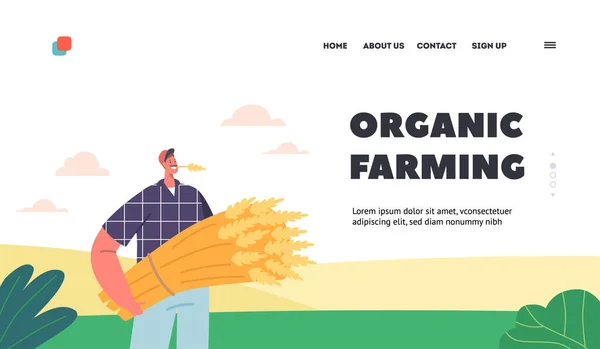 Organik Tarım Iniş Sayfası Şablonu Çiftçi Erkek Karakteri Elinde Taze — Stok Vektör