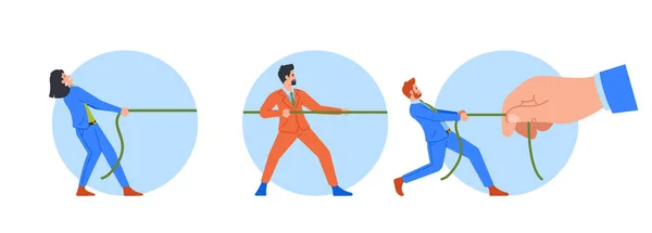 ビジネスキャラクターは 綱引きやロープを引くマッチのゲームで巨大なボスに対して競合孤立したラウンドアイコンやアバター 障害物との闘い 漫画人ベクトルイラスト — ストックベクタ