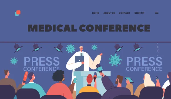 Modèle Page Atterrissage Conférence Médicale Man Doctor Tribune Speaking Audience — Image vectorielle