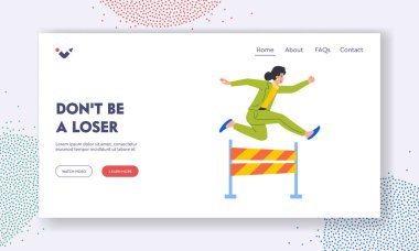 İş Meydan Okuma Sayfa Şablonu. Bariyerin üzerinden atlayan Engelli Kadın Karakteri. Başarılı Önder İş Kadını Liderlik Yarışması. Çizgi film İnsanları Vektör İllüstrasyonu