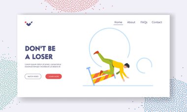 Direnç ve Azim İniş Sayfa Şablonu. İş dünyasındaki zorlukları ve engelleri aşmak için iş dünyasındaki erkek karakter yarış sırasında bir bariyerin üzerinden düşüyor. Çizgi film Vektör İllüstrasyonu