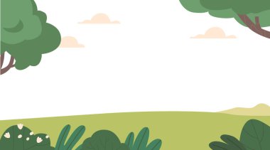 Park, Garden Summer veya Spring Time Manzarası, Arka plan, Yeşil Çalılar ve Çimen Doğal Sahnesi ile Boş Yer. Çizgi film Vektör İllüstrasyonu