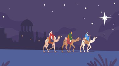 Caspar, Melchior ve Balthazar Magi Camel, İncil 'deki Bebek İsa' ya ulaşmak için yıldızı takip ediyor. Noel Hikayesi, Ünlü Dini Hikaye. Çizgi film İnsanları Vektör İllüstrasyonu