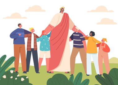 Çocuklarla çevrili bir çayır üzerinde duran İdealist Sahne İsa 'sı. İçtenlik, Sevgi ve Şefkat Dini veya Çocuklar ve İsa 'nın Karakterleriyle Aile Teması. Çizgi film İnsanları Vektör İllüstrasyonu