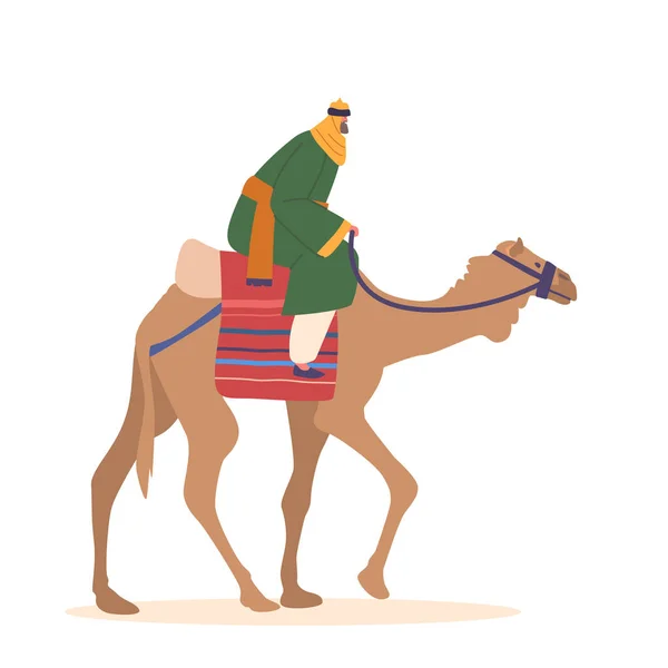 Beduin Jeżdżący Wielbłądzie Przez Pustynne Piaszczyste Piaszczyste Odizolowane Białym Tle — Wektor stockowy