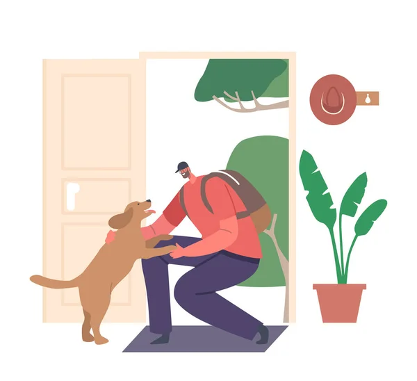 Excited Dog Running Owner Home Wagging Tail Expressing Love Happiness — Stock Vector