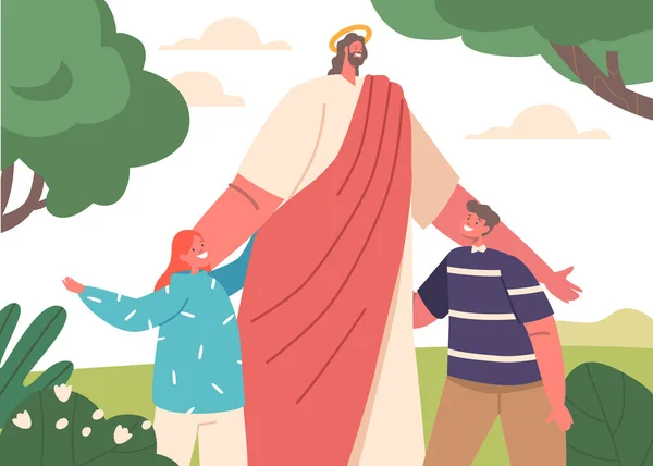 Jezus Karakter Staan Weide Met Kinderen Hem Heen Vriendelijkheid Liefde — Stockvector