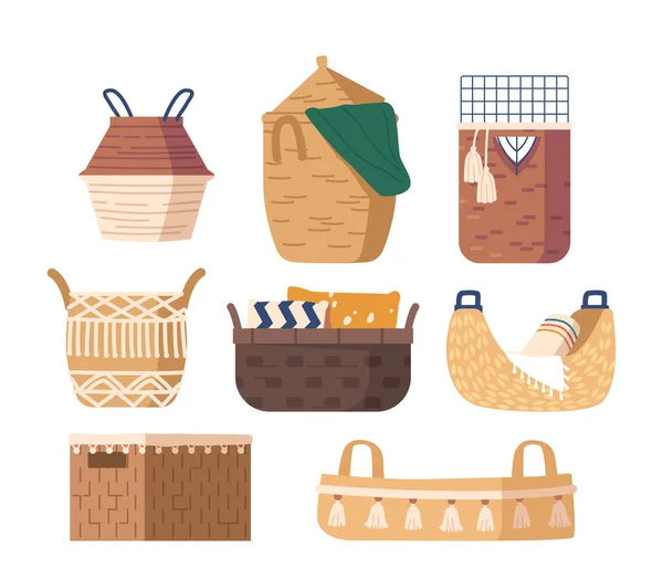 Set Woven Baskets Made Natural Materials Rattan Willow Bamboo Used — Stock Vector