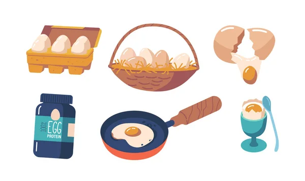 鶏の卵の生産 食品成分 煮込み スクランブルエッグ ポーチド または焼き タンパク質 ビタミン ミネラルが豊富で さまざまな料理に使用されています — ストックベクタ