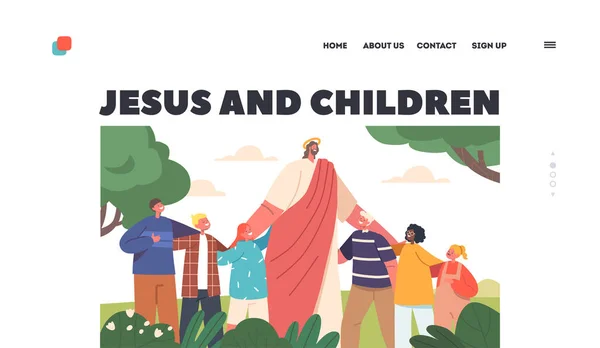 Jesus Children Landing Page Template Peaceful Meadow Scene Jesus Christ — Stock Vector