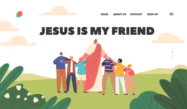 Jezus Een Vriend Landing Page Template Idyllische Scène Jezus Staande — Stockvector