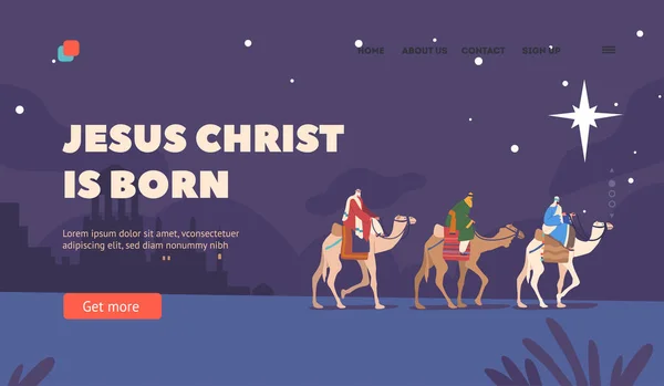 イエス キリストはランディングページテンプレート生まれです Caspar Melchior Balthazar Magi乗馬ラクダ新生児イエス有名な聖書の物語に到達するために星に従う 漫画人ベクトルイラスト — ストックベクタ