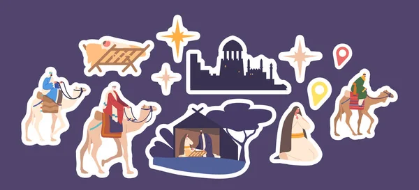 Set Bijbelse Stickers Magi Personages Kamelen Reis Nachts Baby Jezus — Stockvector