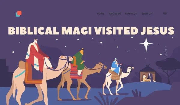 Biblical Magi Visited Jesus Landing Page Template Characters Camels Travel — Stock Vector
