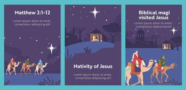 Різдво Ісуса Картуна Banners Magi Camels Travel Night Visit Newborn — стоковий вектор