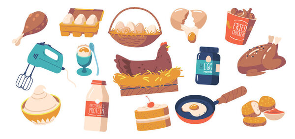 Set of Chicken Products Isolated Icons. Fresh or Fried Eggs, Pasteurized Protein Bottle, Fast Food, Nuggets in Bucket and Chicken Sitting on Nest. Cream, Cake or Mixer. Cartoon Vector Illustration