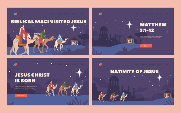 Magos Bíblicos Visitaron Jesús Landing Page Template Set Personajes Camellos — Archivo Imágenes Vectoriales