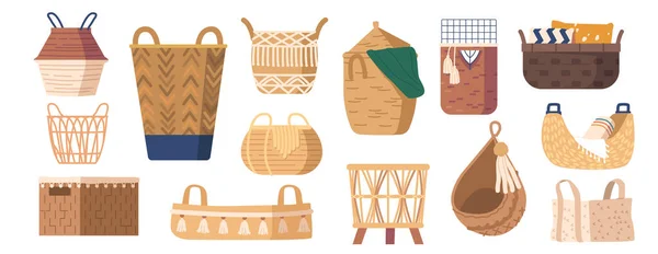 Woven Baskets Made Natural Materials Willow Reed Bamboo Various Shapes — 스톡 벡터
