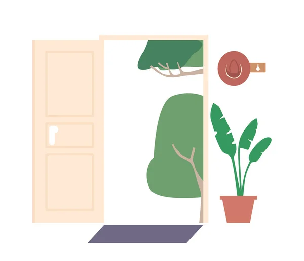 Portes Ouvertes Avec Vue Sur Jardin Tapis Plante Pot Chapeau — Image vectorielle