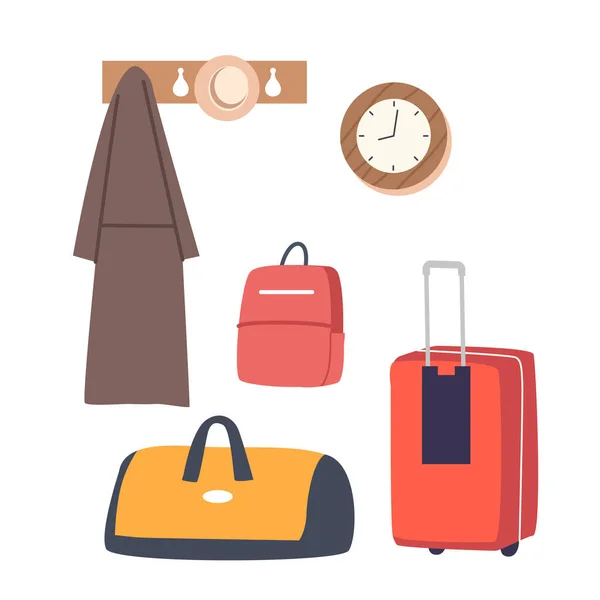 Set Items Comprising Coat Hanger Luggage Clock Isolated Objects Suitable — Stock Vector